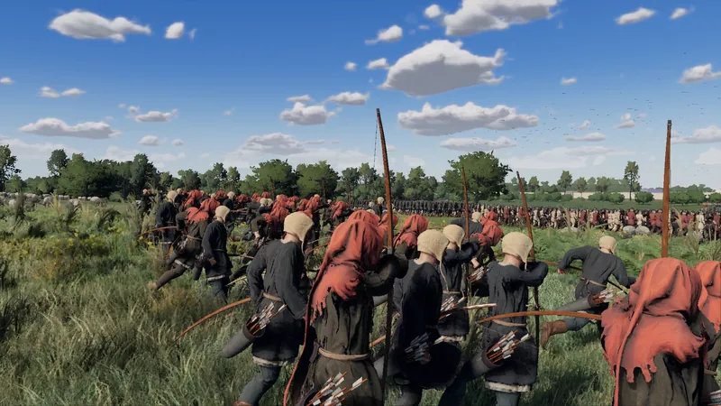 Hooded archers loosing arrows toward a distant line