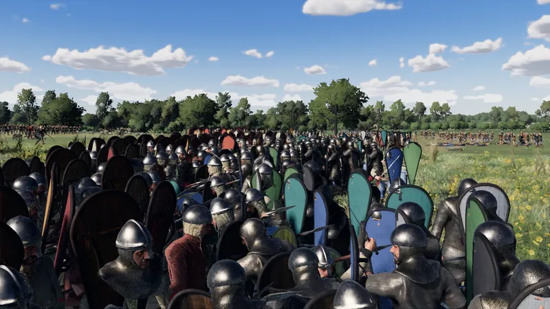 Helmeted soldiers pressing forward behind kite shields