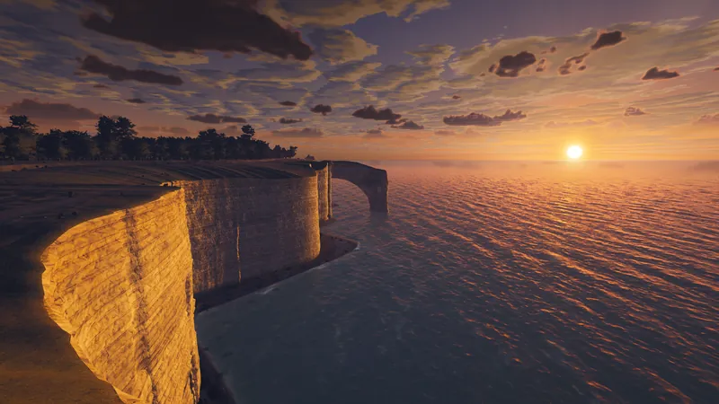 The cliffs and sea arch at Étretat at sunset