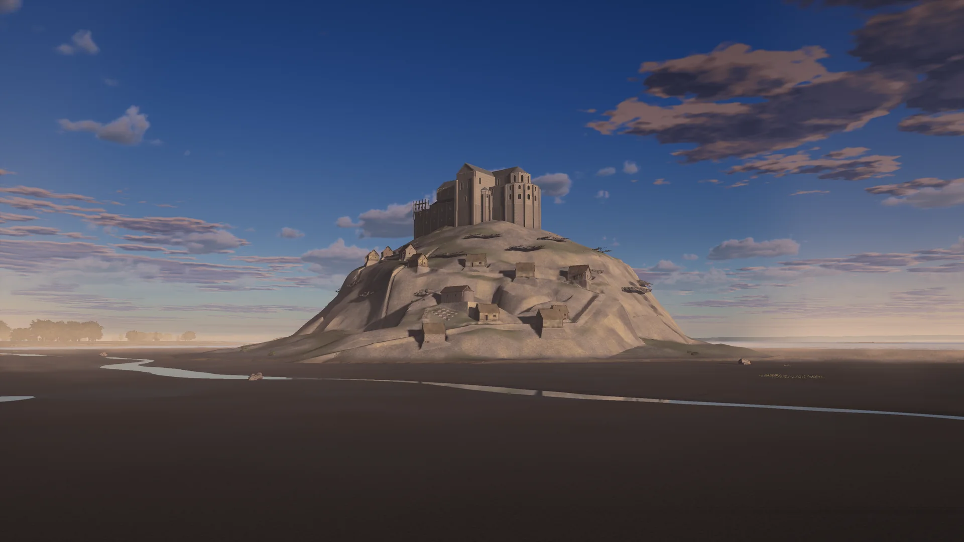 Mont-Saint-Michel at dawn across the tidal flats