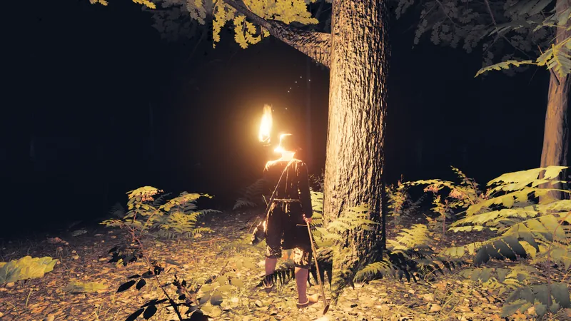 A traveller carrying a torch through the forest at night